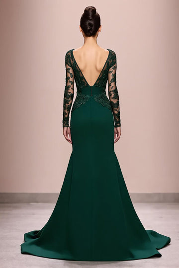 Dark Green Mermaid Lace Sleeves Long Formal Dress with Appliques